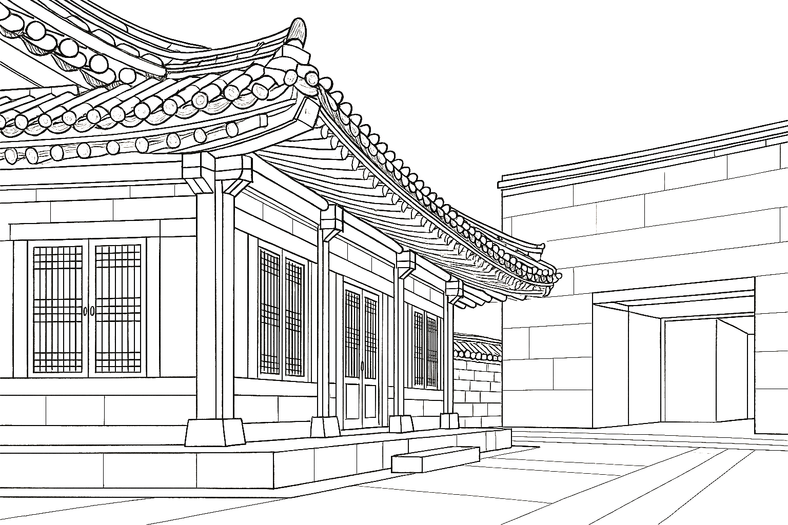 전통 기와와 현대 미술관이 어우러진 선화 일러스트